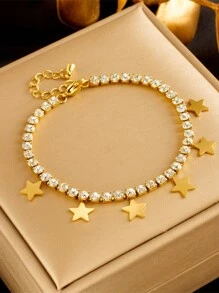 1入組鍍金鈦鋼鏈子手鐲,鑲有鑽石裝飾並附有五角星吊飾 - 金色 - 查看 1