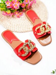 2023 New Arrivals Women's Square-Toe Flat Slippers With Pearl Decoration, Transparent - Red - View 3
