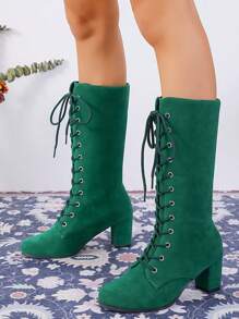 Giày bốt nữ cao đến giữa bắp chân, Giày bốt hiệp sĩ La Mã buộc dây thời trang. Giày bốt nữ màu trơn thời trang, Giày bốt nữ cao đến giữa bắp chân ... - màu xanh lá - Xem 7