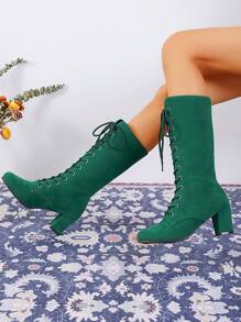 Giày bốt nữ cao đến giữa bắp chân, Giày bốt hiệp sĩ La Mã buộc dây thời trang. Giày bốt nữ màu trơn thời trang, Giày bốt nữ cao đến giữa bắp chân ... - màu xanh lá - Xem 6