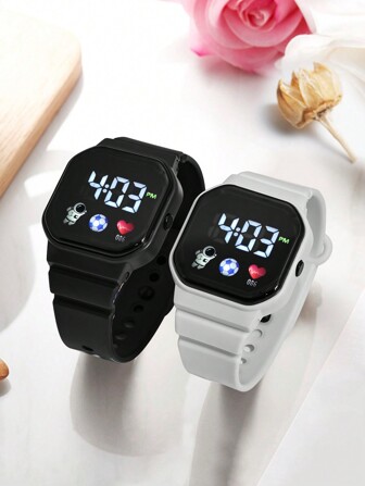 Ensemble de 2 montres électroniques LED carrées en forme de cœur de football décontractées pour enfants, noir et blanc