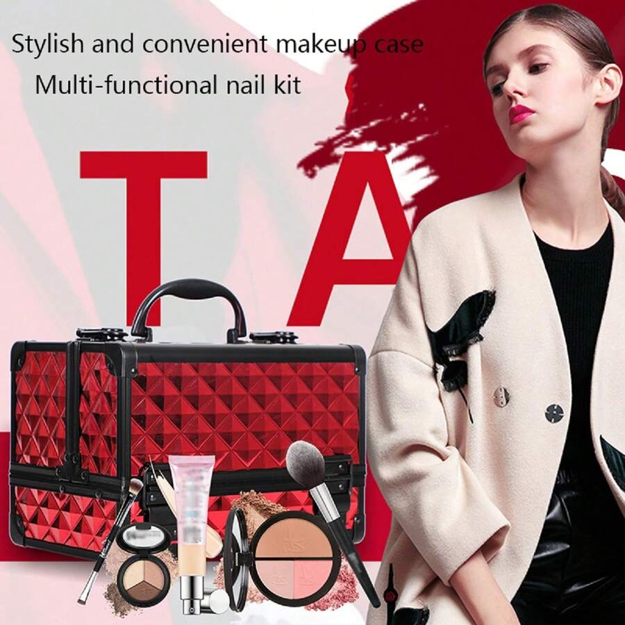 Large Capacity Professional Makeup Box With Mirror, 2 Tier Aluminum Storage Case For Nails & Embroidery, Foldable & Lockable Cosmetic Tool Box For Women - Red - View 1