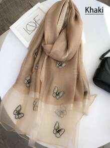 1入組女士豪華絲綢與針織混紡刺繡珠片蝴蝶圍巾，新款時尚透氣遮陽披肩，適用於春夏秋季 - 彩色 - 查看 15
