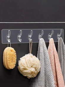 12pcs/6pcs/2pcs/1pc Transparent 6-Hook Adhesive Door Hooks, Bathroom Storage Hooks, Home Door Hangers, Wall Hooks, Kitchen Organizer Hanging Hooks, Bedroom Clothes Hanger Rack, Suitable For Tile And Smooth Wall Surfaces, No Drilling Required - Transparent - View 2