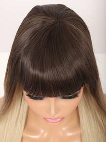 28英寸漸層棕色亞麻金女士絲滑長直假髮,耐高溫合成纖維帶劉海女用頭髮假髮 - 漸層 - 查看 5