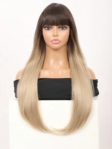 28英寸漸層棕色亞麻金女士絲滑長直假髮,耐高溫合成纖維帶劉海女用頭髮假髮 - 漸層 - 查看 2