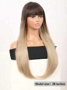 28英寸漸層棕色亞麻金女士絲滑長直假髮,耐高溫合成纖維帶劉海女用頭髮假髮 - 漸層 - 查看 3