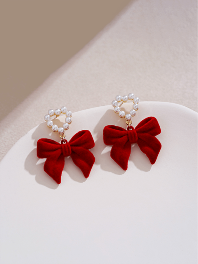 1pair Faux Pearl & Bowknot Decor Clip-On Earrings Suitable For Daily Wearing Valentines