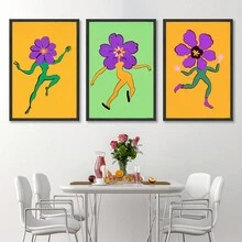 3入組有趣的跳舞花卉牆藝術海報,極簡主義帆布油畫,適用於客廳,臥室,遊戲室裝飾,不含畫框 - 彩色 - 查看 2