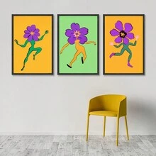 3入組有趣的跳舞花卉牆藝術海報,極簡主義帆布油畫,適用於客廳,臥室,遊戲室裝飾,不含畫框 - 彩色 - 查看 1