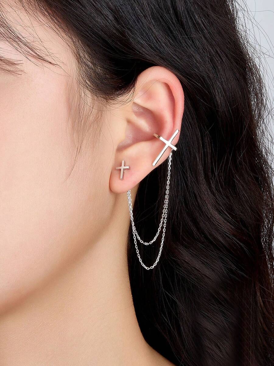 1pc 925 Sterling Silver Women's Earring, Cold Tone Cross Shaped Fashionable Elegant Clip On Earring / Stud Earring - Silver - View 1