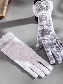 1 件白色女士洛丽塔新娘网纱蕾丝短手套，带镂空花朵图案，适合派对、舞会、婚礼、茶会、宴会等。女士日常穿着秋装 - 白色 - 查看 3