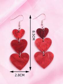 1pair Romantic Three-Tiered Heart Design Earrings For Women, Valentine's Day - Red - View 2