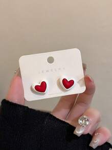 1pair Sweet & Cute & Minimalistic Red Heart Stud Earrings - Love - View 6