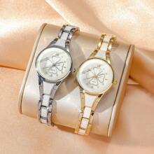 簡約時尚三葉草表盤不鏽鋼石英手錶 - 金色 - 查看 1