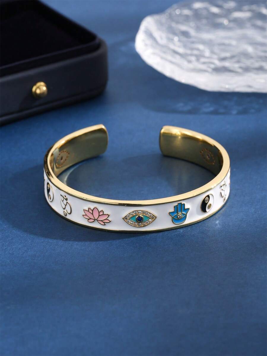 1pc Lotus-Tai Chi-Eye Decorated Open-Bangle Bracelet For Women, Perfect For Daily Wear - style 1 - View 1