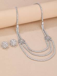 1套/3入組豪華時尚立體氧化鋯石項鏈和耳環套裝,適用於婚禮派對裝扮和搭配新娘裙飾珠寶 - 銀色 - 查看 2