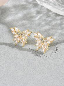 1對時尚珍珠蝴蝶形耳釘,鑲滿鑽石,流行百搭女士耳環,2021新品 - 彩色 - 查看 5