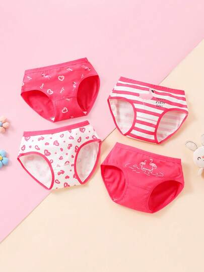 4 Peças de Calcinhas de Triângulo com Estampa de Coração Listrada Doce para Menina Jovem, Todas as Estações