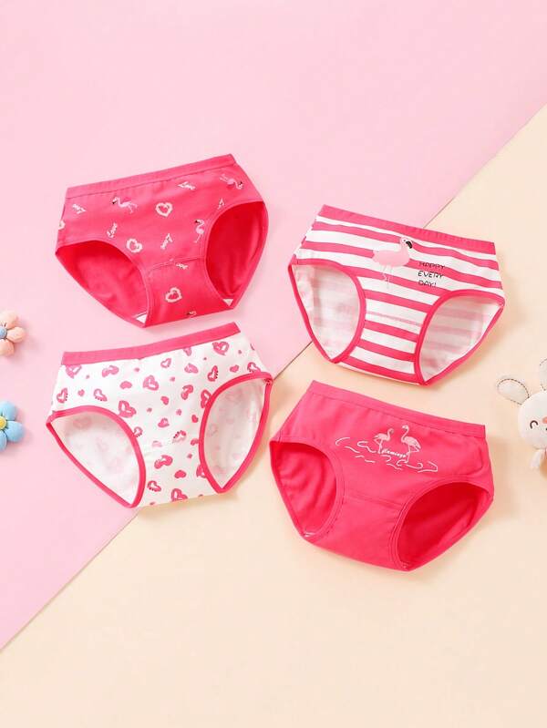 Young Girl 4pcs Sweet Striped Heart Pattern Printed Triangle Panties, All Seasons
