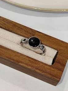 925純銀時尚簡約黑色樹脂滴鍊情侶可調節戒指1組/2件,適合日常穿著、聚會和節日,優質珠寶禮物 - 銀色 - 查看 3