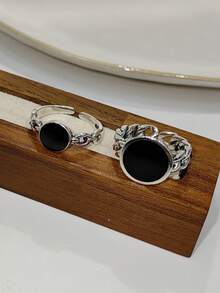 925純銀時尚簡約黑色樹脂滴鍊情侶可調節戒指1組/2件,適合日常穿著、聚會和節日,優質珠寶禮物 - 銀色 - 查看 2