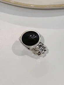 925純銀時尚簡約黑色樹脂滴鍊情侶可調節戒指1組/2件,適合日常穿著、聚會和節日,優質珠寶禮物 - 銀色 - 查看 8