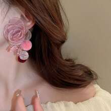 1pair Mesh Fabric & & Pearl & Resin Flower Dangle Earrings, Sweet Style Fashion Jewelry For Ladies, Suitable For Daily Wear, Holiday Gift - Multicolor - View 8