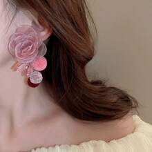 1pair Mesh Fabric & & Pearl & Resin Flower Dangle Earrings, Sweet Style Fashion Jewelry For Ladies, Suitable For Daily Wear, Holiday Gift - Multicolor - View 6