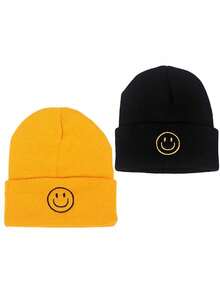 2 件裝兒童刺繡笑臉 Y2k 風格輕盈透氣時尚針織帽子,適合日常休閒和戶外穿著 - 彩色 - 查看 1