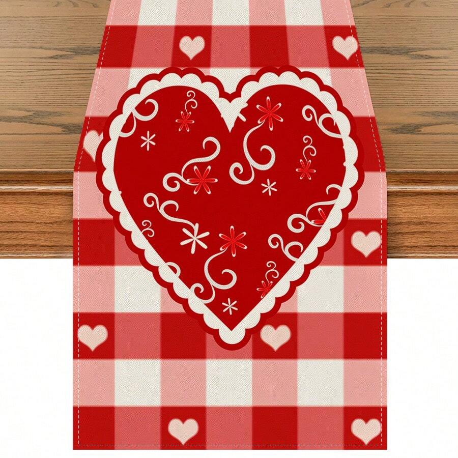 1入紅色愛心格紋情人節餐桌旗,季節性周年紀念日婚禮假日家用廚桌布,適用於室內外家庭聚會,尺寸13 X 72英寸 - 彩色 - 查看 1