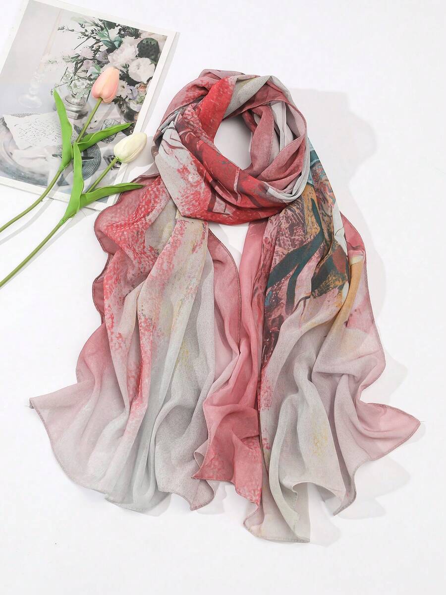 1pc Ladies' Digital Printed Chiffon Fashion Scarf, Suitable For All Seasons, Head Wrap For Casual Daily Use - Multicolor - View 1