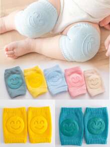 5pcs/Pack Smiling Face Design Knee Pads & Socks Set For Baby Crawling, Walking & Daily Use, Spring And Summer - Multicolor - View 1