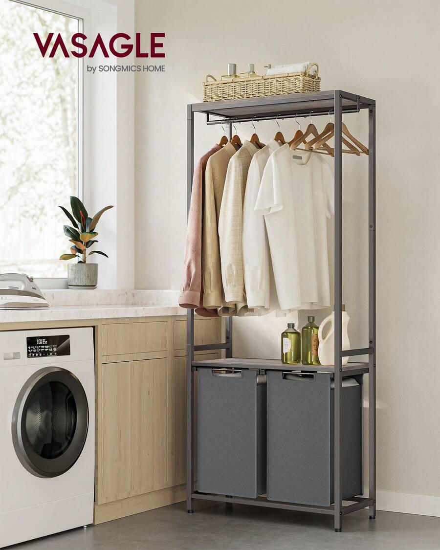 Laundry Basket, 2-Section Laundry Hamper With Pull-Out And Removable Liners, Clothes Rail, 2 X 12.1 Gallons, 28.7 X 13 X 69.7 Inches, Gray, Black - Grey - View 1