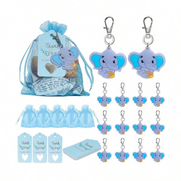Baby-Dusch-Gastgeschenke, 30 Sets Gäste-Rückgabe-Geschenke inklusive Schlüsselanhänger + Organza-Beutel + Dankeschön-Anhänger Baby-Dusch-Dekoration für Jungen Taufe Gastgeschenke Elefanten-Themenparty Gastgeschenke, Weihnachten