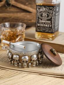 獨特的人骨形狀樹脂煙灰缸並設有木製蓋,防風,是完美的家居裝飾配件 - 銀色 - 查看 1