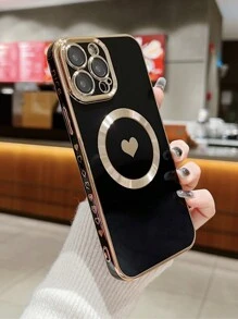 情人节磁性、奢华可爱电镀心形图案柔软 Tpu 手机壳，带全摄像头保护，适合女性/男性/女孩，黑色，兼容 iPhone - 黑色 - 查看 2