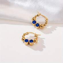 1pair Stainless Steel 18k Gold Plated Delicate Round Bead With Diamond Detail Dainty Earrings For Women, Suitable For Daily Wear - Blue - View 8