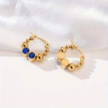 1pair Stainless Steel 18k Gold Plated Delicate Round Bead With Diamond Detail Dainty Earrings For Women, Suitable For Daily Wear - Blue - View 10