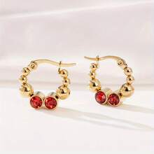 1pair Stainless Steel 18k Gold Plated Delicate Round Bead With Diamond Detail Dainty Earrings For Women, Suitable For Daily Wear - Blue - View 7