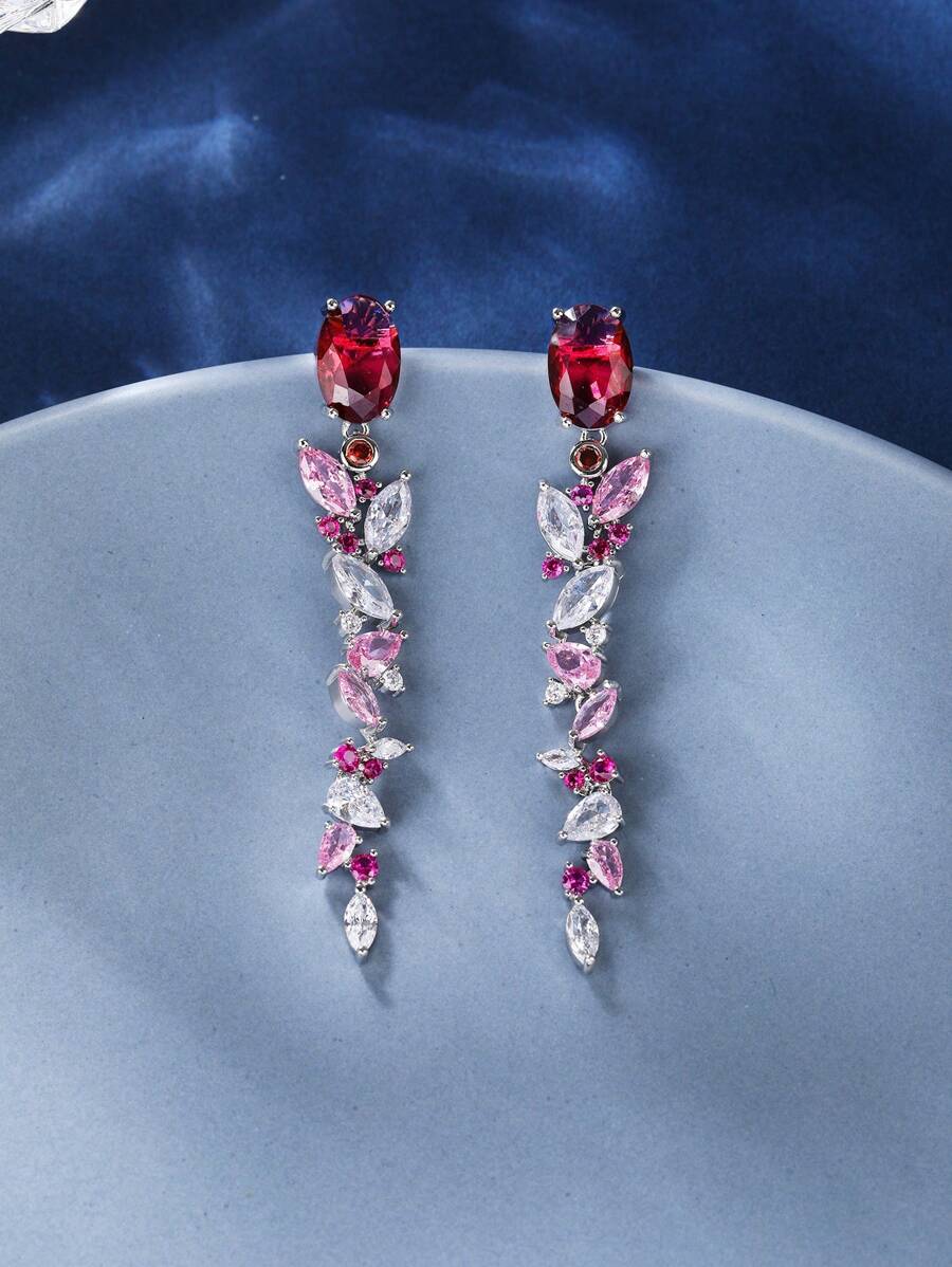 1pair Luxurious Fashionable Cubic Zirconia Tassel Dangle Earrings, Suitable For Women Wearing With Fashion Dress And Party Dress - Red - View 1