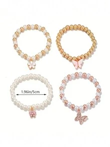 4pcs/Set Cute Butterfly Daisy Heart Pendant Faux Pearl Beaded Bracelet For Girls, Exquisite Jewelry Gift - Multicolor - View 4