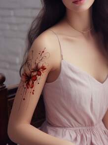 1片紅色花蝴蝶刺青貼紙,防水持久,適用於性感女孩的手臂和大腿 - 彩色 - 查看 1