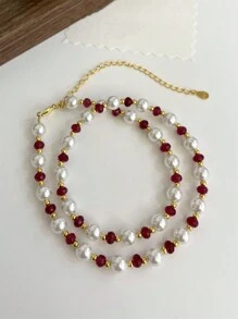 1pc 高雅奢華925純銀項鍊，金鍍銀人造珍珠，白色人造珍珠，紅寶石和藍玉髓設計，優質珠寶冬季日常佩戴，原裝正品 - 紅寶石貝殼珍珠鎖骨鏈 - 查看 9