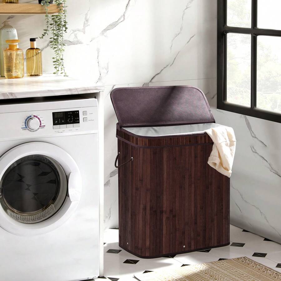 SONGMICS Laundry Hamper With Lid, Bamboo Laundry Basket, Dirty Clothes Basket, Removable Machine Washable Laundry Basket, With Handles, 26.4-Gallons, For Laundry Room, Bedroom, Bathroom, 21.5''D X 13.6''W X 24''H - 棕色 - 查看 1