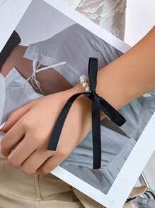 1入法式復古風格緞帶蝴蝶結仿珍珠鎖骨項鍊,適用於女性diy珠寶配件