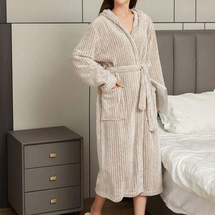 1pc Women's Solid Color Extra Long Bathrobe, Coral Fleece Bathrobe, Soft, Absorbent, Non-Shedding, For Steam Room, Spa, Home, Or Hotel Bathroom - Khaki - View 1