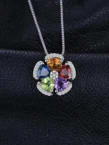 JewelryPalace 1顆優雅奢華的925純銀花卉設計精美多面三角切割天然托帕石、晶、黃水晶、石榴石、橄欖石銀吊墜項鍊,適用於女性約會禮物、舞會宴會精品珠寶 - 彩色 - 查看 1