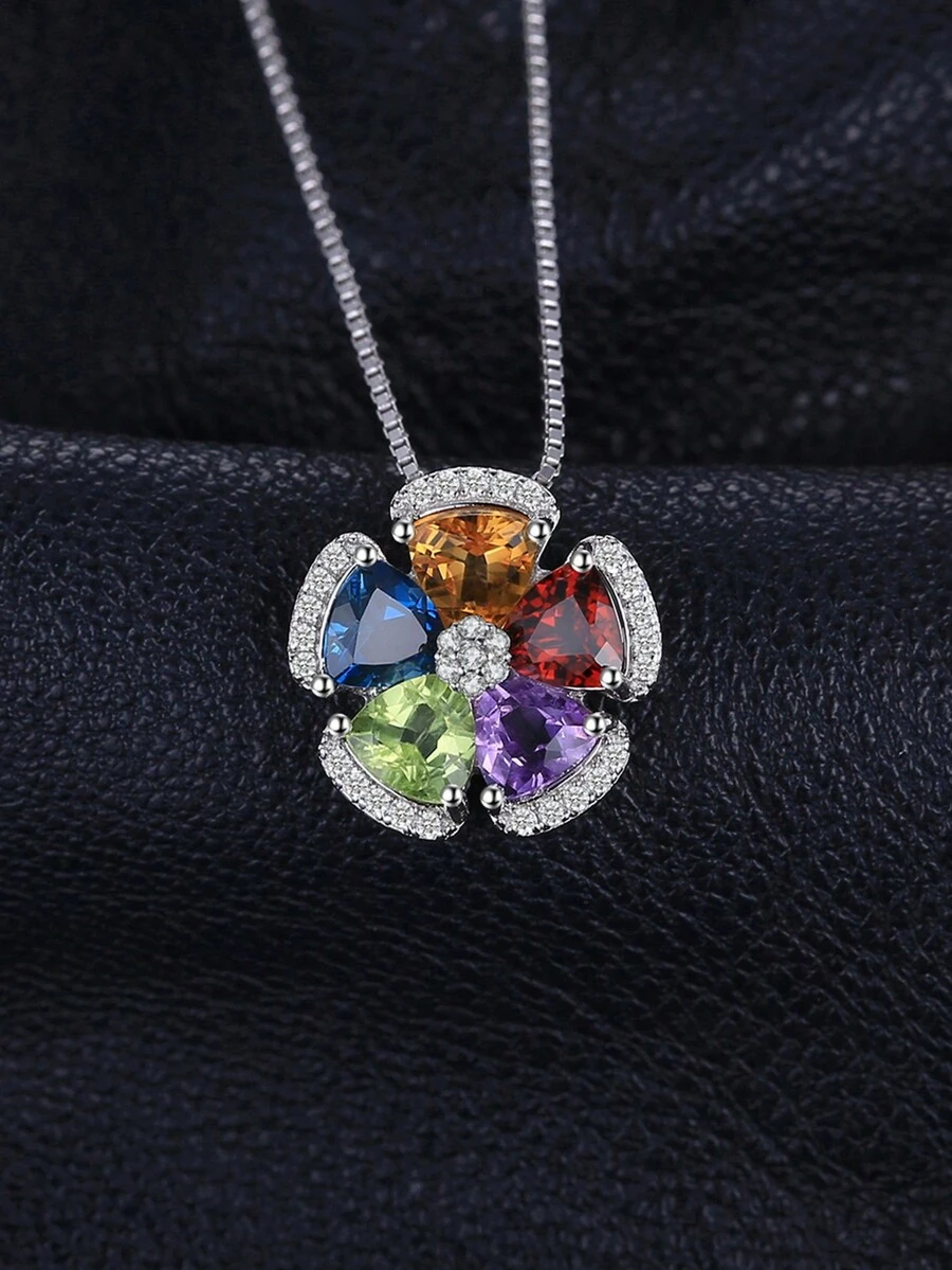 JewelryPalace 1顆優雅奢華的925純銀花卉設計精美多面三角切割天然托帕石、晶、黃水晶、石榴石、橄欖石銀吊墜項鍊,適用於女性約會禮物、舞會宴會精品珠寶 - 彩色 - 查看 1