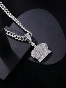 1pc Hip-Hop Style Rhinestone Inlaid King Crown Pendant Necklace, Stainless Steel Vintage Crown Style Jewelry - Multicolor - View 4